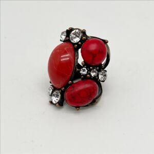 Coral and Rhinestone Gold Tone Statement Cocktail Ring Size 6.5